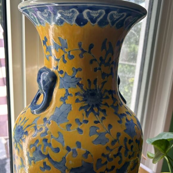 Vintage Artistic Yellow and Blue Asian Floral Vase 19" tall - Picture 2 of 12